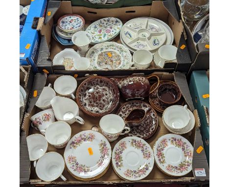 Two boxes of ceramics to include Colclough floral decorated part tea service, and Kernowak pottery table ware, Poole serving 