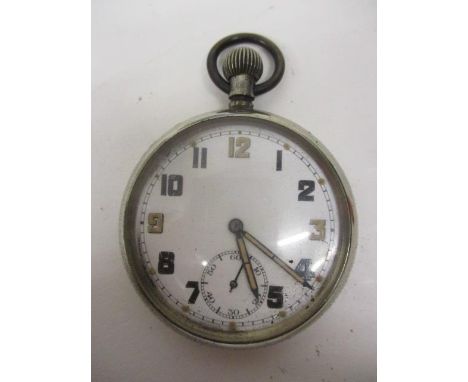 An early 20th century military issue, open faced keyless wind, pocket watch in a protective case. The case back inscribed GS/