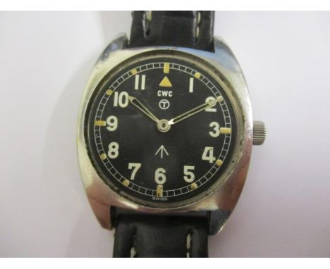 A CWC military issue gents, manual wind stainless steel wristwatch, circa 1979.  The black dial having Arabic numerals with l
