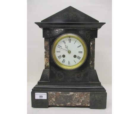 A late 19th century French marble mantle clock having a white dial with Roman numerals, the 8 day movement signed Japy Freres