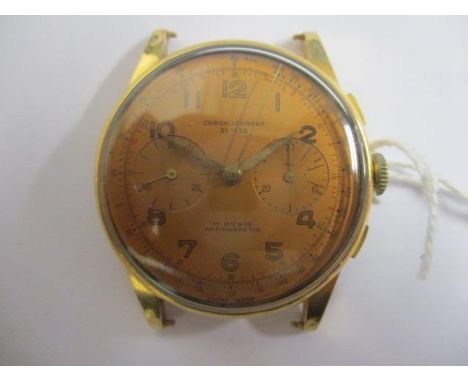 A gents chronograph manual wind, 18ct gold 1950s wristwatch. The dial inscribed chronographer Suisse 17 Rubis Antimagnetic an