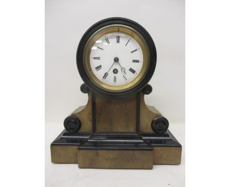 A late Victorian walnut and ebonized drumhead mantle clock having a white enamel dial with Roman numerals, 11" h x 10 1/2"w 