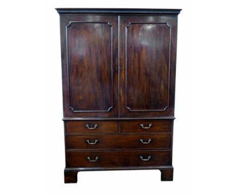 George III mahogany linen press, dentil cornice above two single panel doors with cock beading, base with two short and two l