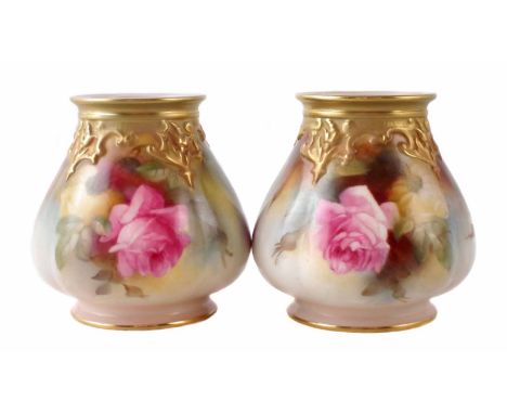 Pair of Royal Worcester vases, painted with roses, green printed marks and date code for 1911, to bases, (lacking covers) (2)