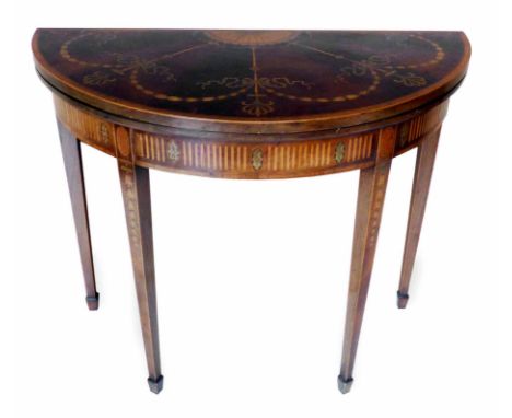 Edwardian mock Sheraton demi-lune fold-over mahogany card table, top leaf with white wood inlaid swags, ribbons and stylized 