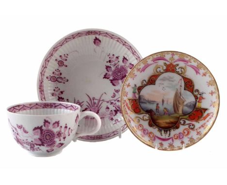 Meissen cup and saucer circa 1800, painted with puce flowers on a moulded body, Marcolini mark to bases, also a Dresden sauce