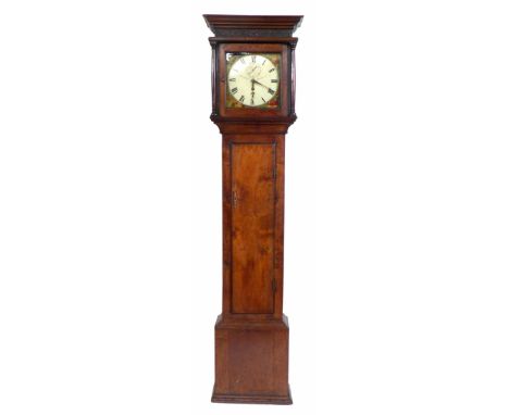 Late 18th century longcase clock with oak case. Doric columns frame a square dial, with blind fretwork under the canopy. Face