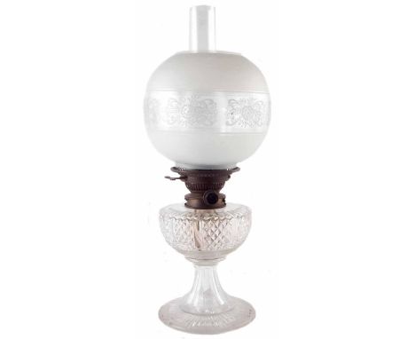 Cut glass lamp, fitted with A&N patent burner, together with funnel and etched shade, late 19th century, 50cm overall height.