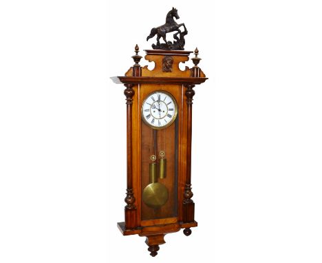 Vienna regulator with walnut and beech case. Bearing the anchor mark of Gustav Becker on the enamel dial also with Roman nume