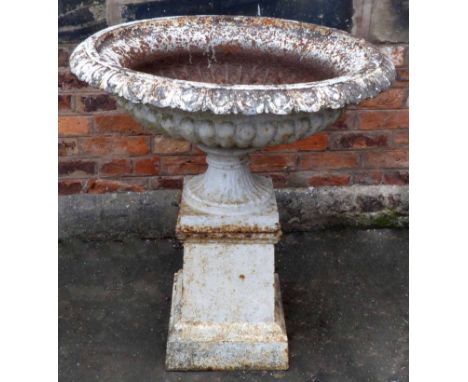 Late 19th century cast iron urn, circular form with egg and dart rim, half fluted bowl, all standing on square section taperi