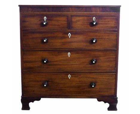 George III mahogany chest of two short and three long graduated drawers, rectangular top with three reed edge, drawers all wi