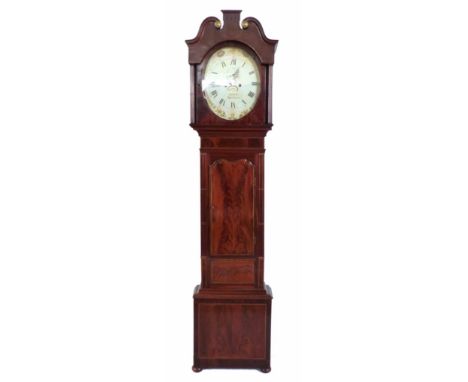 A mahogany longcase clock, with double swan-neck pediment canopy with brass rosettes. Short-door with matched feathered venee