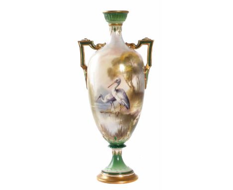 Hadley's Worcester twin handled vase circa 1902 signed W. Powell, painted with storks by the water's edge, green printed mark
