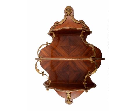 19th Century French Kingwood veneered three shelf wall bracket with ormolu mounts. 76.2 x 53.3cm; 30 x 21 in. For condition r