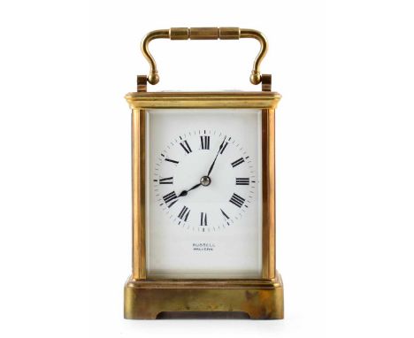 A late 19th century English carriage clock with brass face. Dial signed with makers name; 'Russell, Malvern'. Single train, e