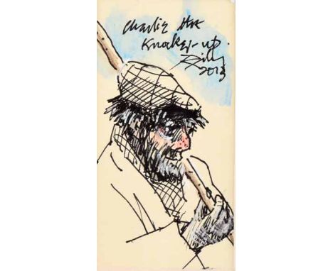 Harold Riley (1934-),   Charlie the Knocker-Up , signed, titled and dated 2013, mixed media drawing, 8.5 x 4.5cm.; 3.25 x 1.7
