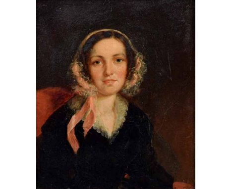 English School, 19th century,  Female portrait, unsigned, oil on board, 24.5 x 19.5cm.; 9.75 x 7.75in.     For condition repo