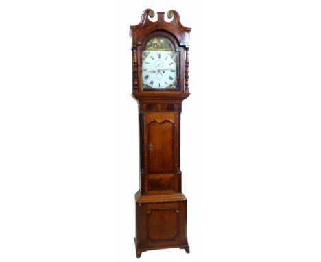 Late 18th century long case clock, oak case with arched canopy, swan neck pediment, turned pilasters, trunk with quartered co