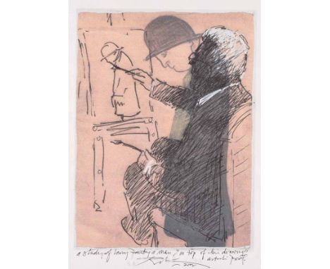 After Harold Riley (1934-),  Study of Lowry painting a man on top of his drawing, signed and dated 2002 in ink in the margin,