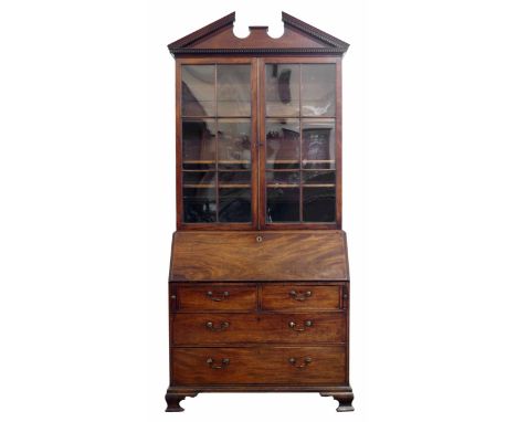 George III mahogany bureau bookcase, architectural pediment above two glazed doors, each with six hand drawn clear glass pane