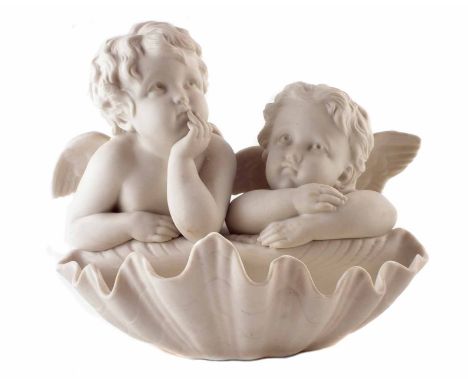 Copeland Parian Art Union wall bracket or bowl, after A. Malembre Sc. 1880, modelled as a shell with two cherubs gazing skywa