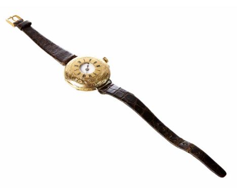 18ct gold half Hunter pocket watch, white enamel dial, Roman numerals to inner and external dials, scroll and floral decorate