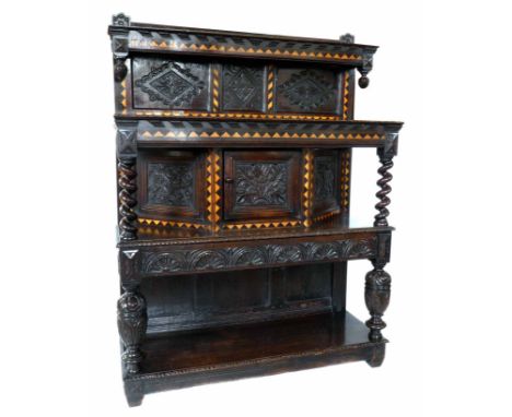 Reconstructed 17th century design oak livery cupboard, backboard with canopy centre section supporting single cupboard flanke