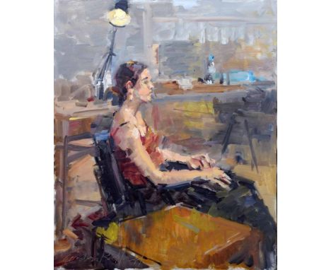 Gordon Radford (1936-2015),  Portrait of a seated female, signed, oil on canvas, unframed, 61 x 51cm.; 24 x 20in.    Artists'
