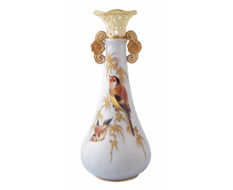 Locke and Co. Worcester vase, with twin flower head handles and pierced neck, painted with two gold finch perched on raised g