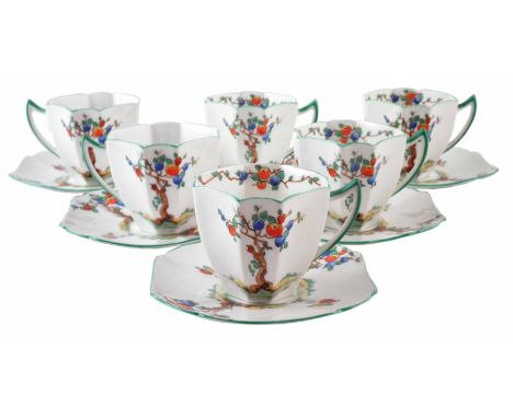 Six Shelley Queen Anne shape cups and saucers, decorated with Crabtree pattern, printed marks to base, (12) the cups measure 
