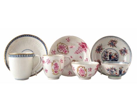 Worcester trio circa 1770, painted with puce and gilt floral decorations, also a tea bowl and saucer painted with 'The Waitin