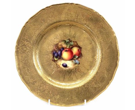 Royal Worcester plate signed W. Bee, painted with fallen fruit within elaborate acid etched border, gold printed mark, date c