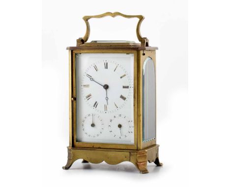 A 19th century German carriage clock with brass case, white enamel face with Roman numeral chapter ring, two subsidiary dials