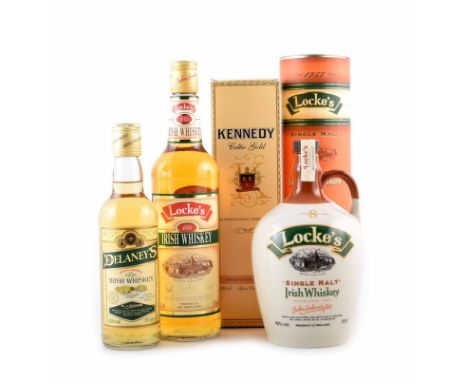 A Bottle of Locke's 8 year aged single malt Irish whiskey in ceramic decanter 700ml. A Bottle of Locke's 8 year aged single m