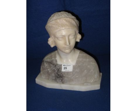 Carved alabaster and marble portrait bust of a young woman in 1920's dress with hat. CONDITION REPORT: Minor chips to base ed