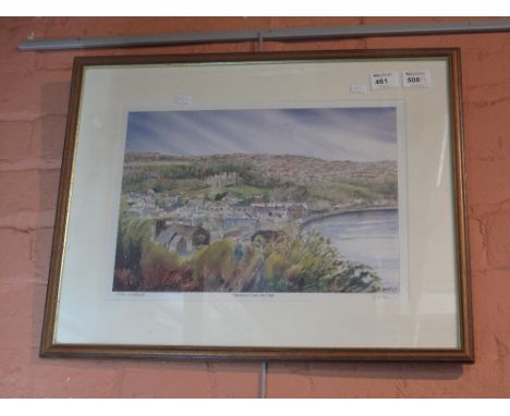 After Rita Mitchell, 'Oystermouth Castle and Village', Limited Edition coloured print signed in pencil. Framed and glazed.