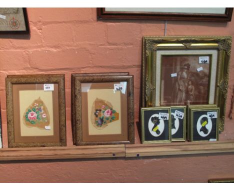 A set of four Oriental painted leaf pictures in modern lacquered frames, together with four 19th Century style portrait silho