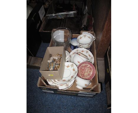 Box of assorted china to include various Wade whimsies, part floral tea ware items, comprising cups, saucers, plates etc. Tog