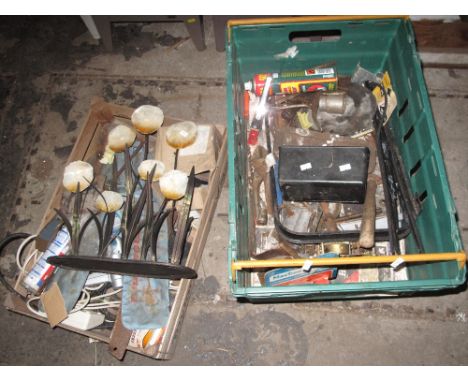 Tin box containing assorted tools together with two crates of various tools etc. to include hammers, drills, spanners etc. (3