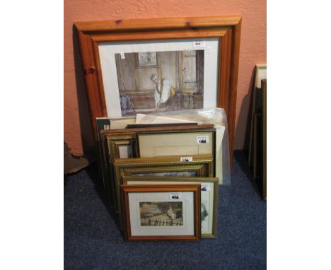 Group of assorted modern furnishing pictures, 19th Century cartoons and hunting prints, unframed topographical engravings etc