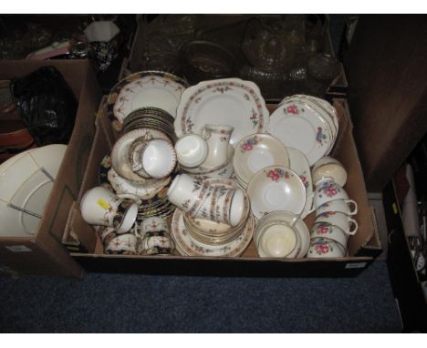 Tray of assorted china, part tea ware items to include Windsor floral and other cups, saucers, plates, milk jugs, sucrier etc