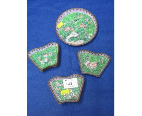 Oriental enamel circular dish together with a group of eight matching segmental enamelled dishes, all decorated with birds am