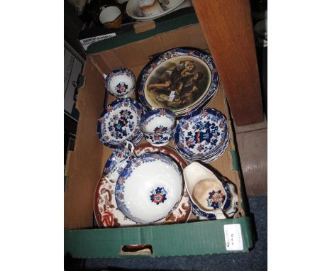 Tray of 19th Century part tea ware items, overall decorate on a white ground with blue and floral detail comprising cups, sau