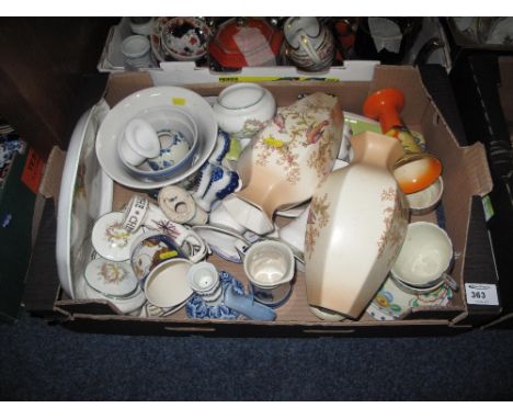 Tray of assorted china to include pair of Crown Ducal vases decorated with birds amongst foliage, Wilkinson floral trumpet va