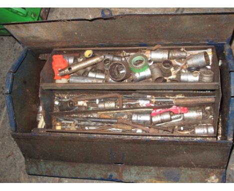 Tin tool box containing assorted tools, spanners, screwdriver etc.
