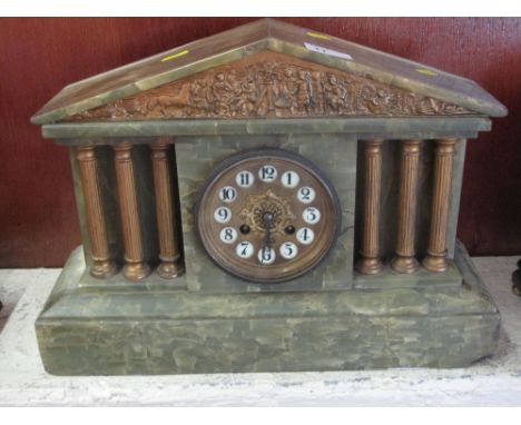 Late 19th Century green onyx architectural two train mantle clock.
