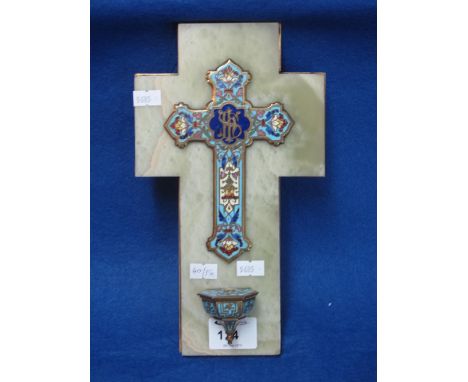 19th Century Champleve enamel holy water stoop, with white marble and brass back. CONDITION REPORT: No obvious damage