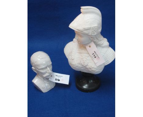 Modern porcelain figural bust of a politician and a modern moulded composition, portrait bust of a female Grecian warrior on 