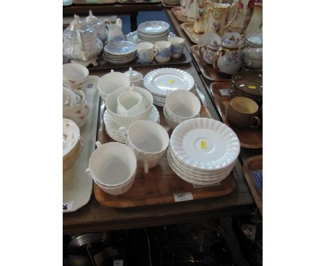 Tray of white fluted china part tea ware, items comprising cups, saucers, side plates, lidded sucrier, milk jug etc.