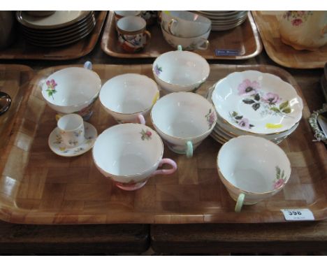 Tray of Shelley fine bone china floral cups and saucers together with a Shelley fine bone china miniature floral cabinet cup 